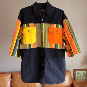 Vintage 90's Color Block Black Denim Shirt Hip Hop Baggy Streetwear Large